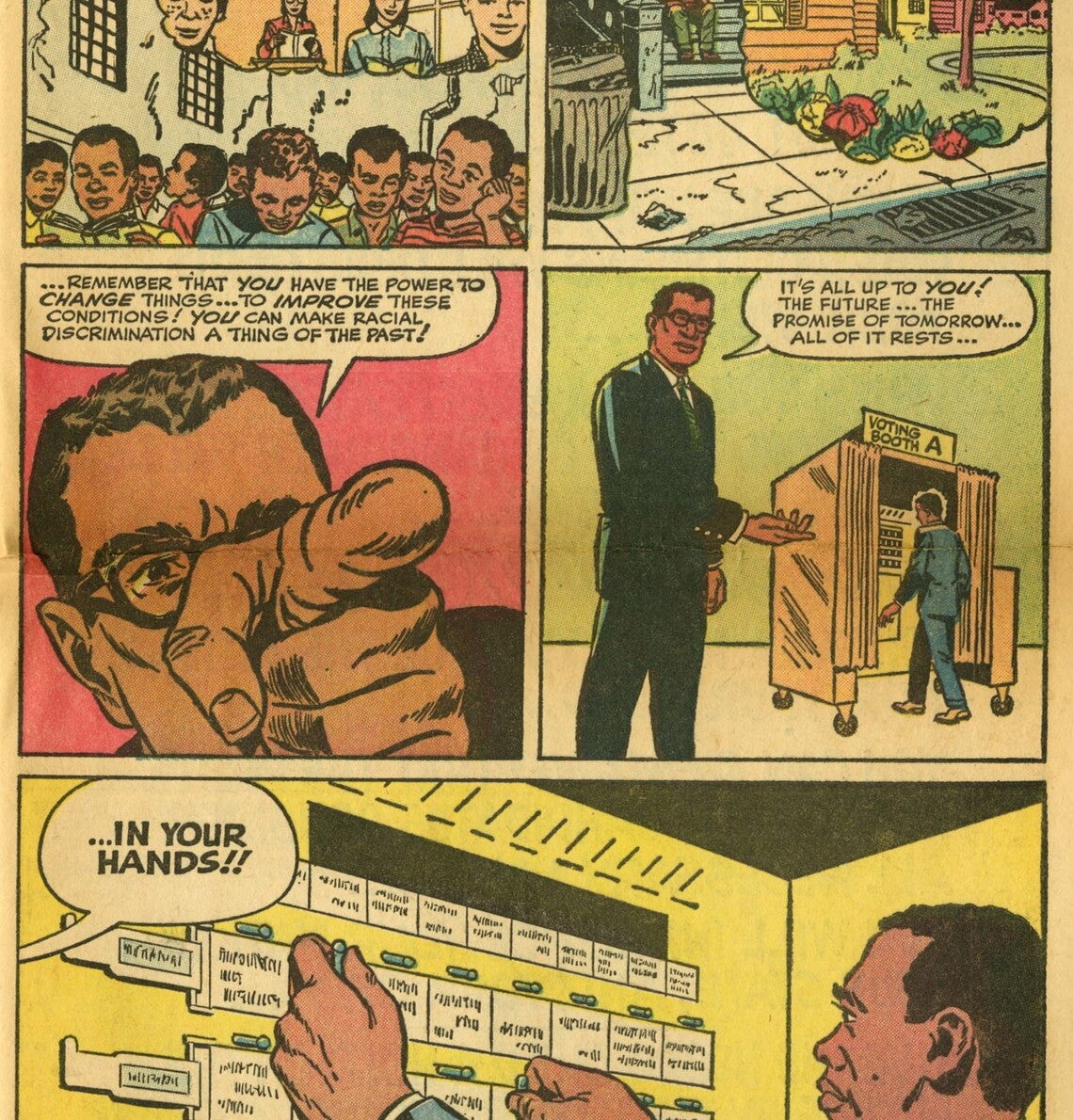 Crop of comic book with man telling audience they have power to "make racial discrimination a thing of the past" by voting