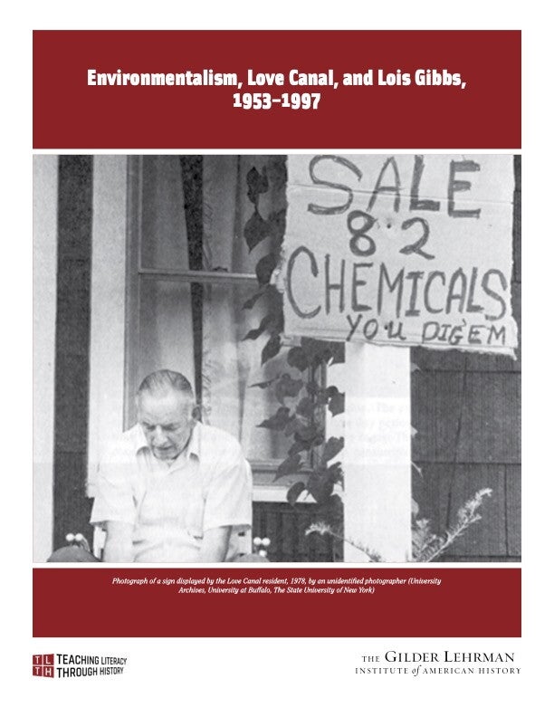 Cover of lesson plan featuring a Love Canal resident protesting environmental policy related to chemicals by an unidentified photographer, 1978y