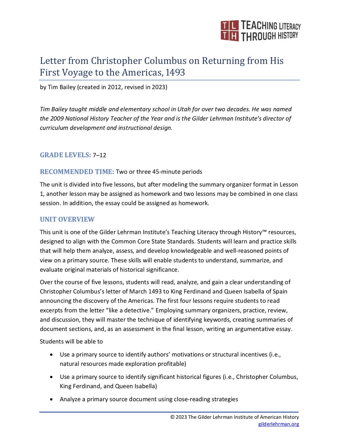 Text description detailing what this lesson entails. Contains grade levels, recommended time, and a unit overview.