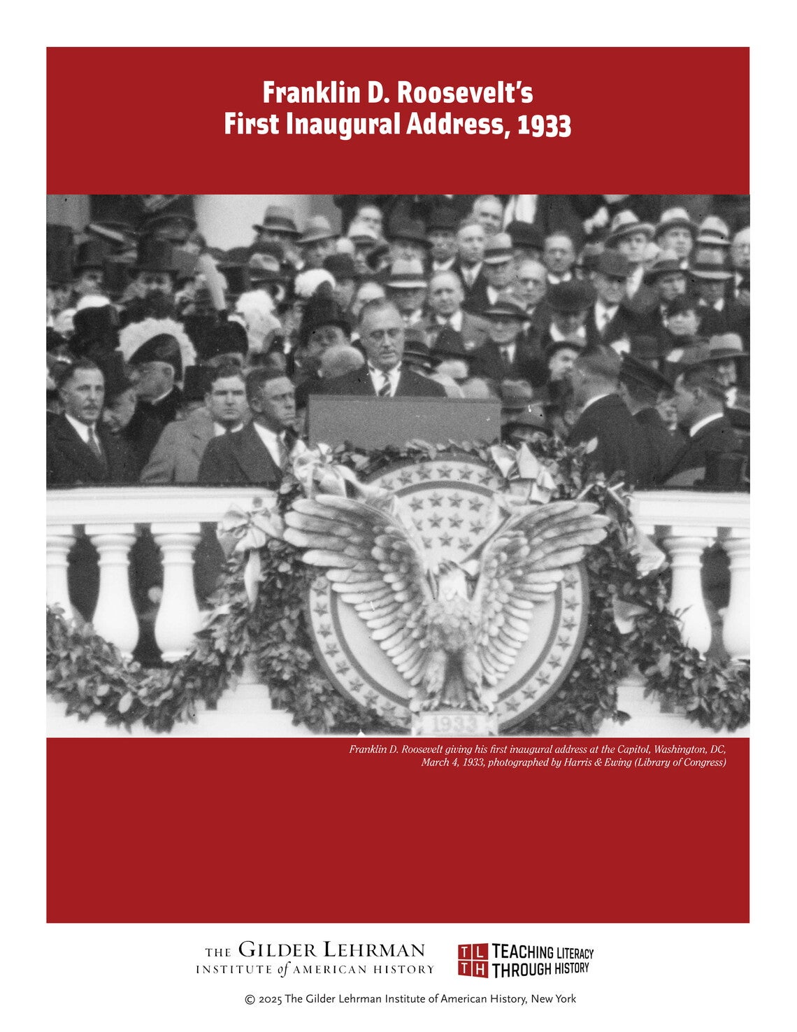 Franklin D. Roosevelt giving his first inaugural address at the Capitol, Washington, DC, March 4, 1933, photographed by Harris & Ewing (Library of Congress)