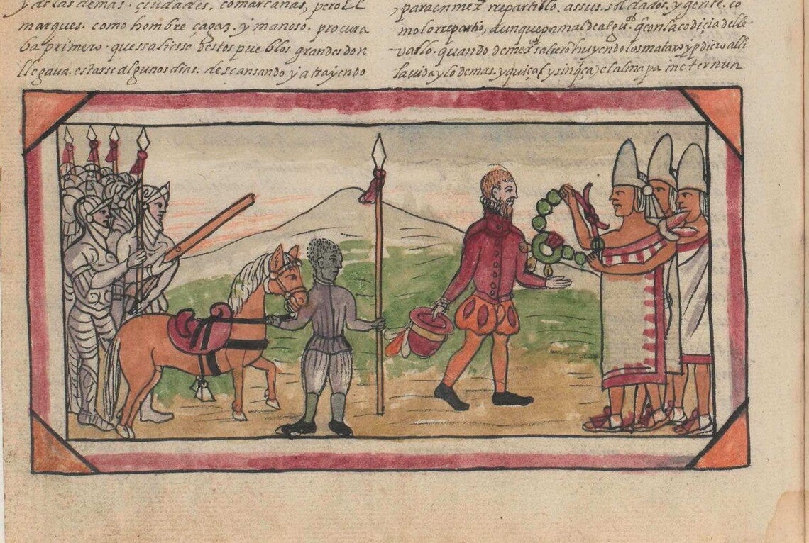 From left to right, several knights in silver armor holding spears, a brown horse with a white mane and red saddle, held by a short Black man wearing black shoes and a gray coat holding a spear; a white man in a red coat, orange pants/stockings, and black socks doffing a red hat with a gold band; and three indigenous royal figures in white hats and robes, one of whom is holding a ceremonial necklace.