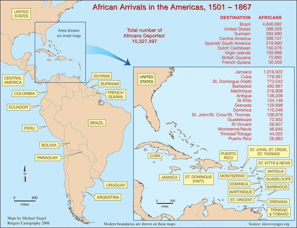 Map of the Americas (with inset map of the Caribbean) with list of countries noting African population at right.