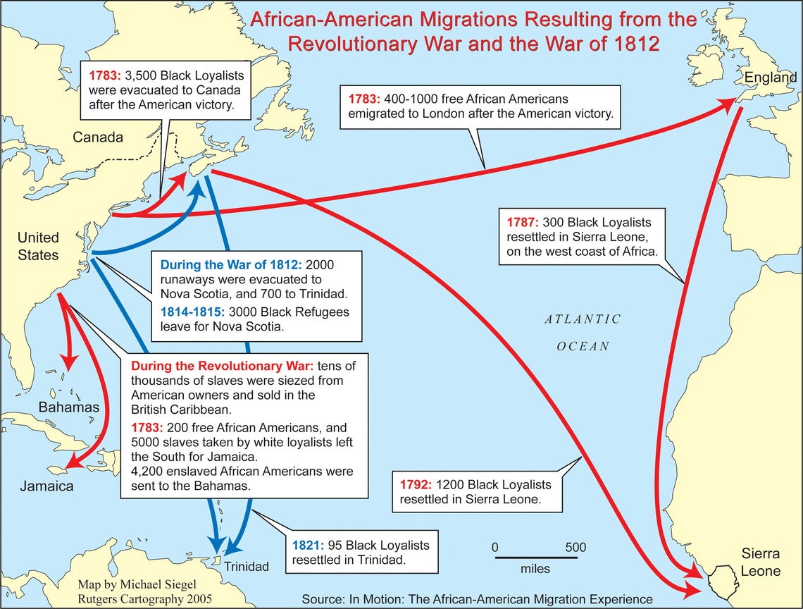 A map of the Americas, Europe, and Africa with arrows noting African emigration following the Revolutionary War and the War of 1812 (post-Revolution in red, post-War of 1812 in blue).