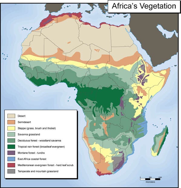 Color-coded map of Africa noting different climate and vegetation zones.