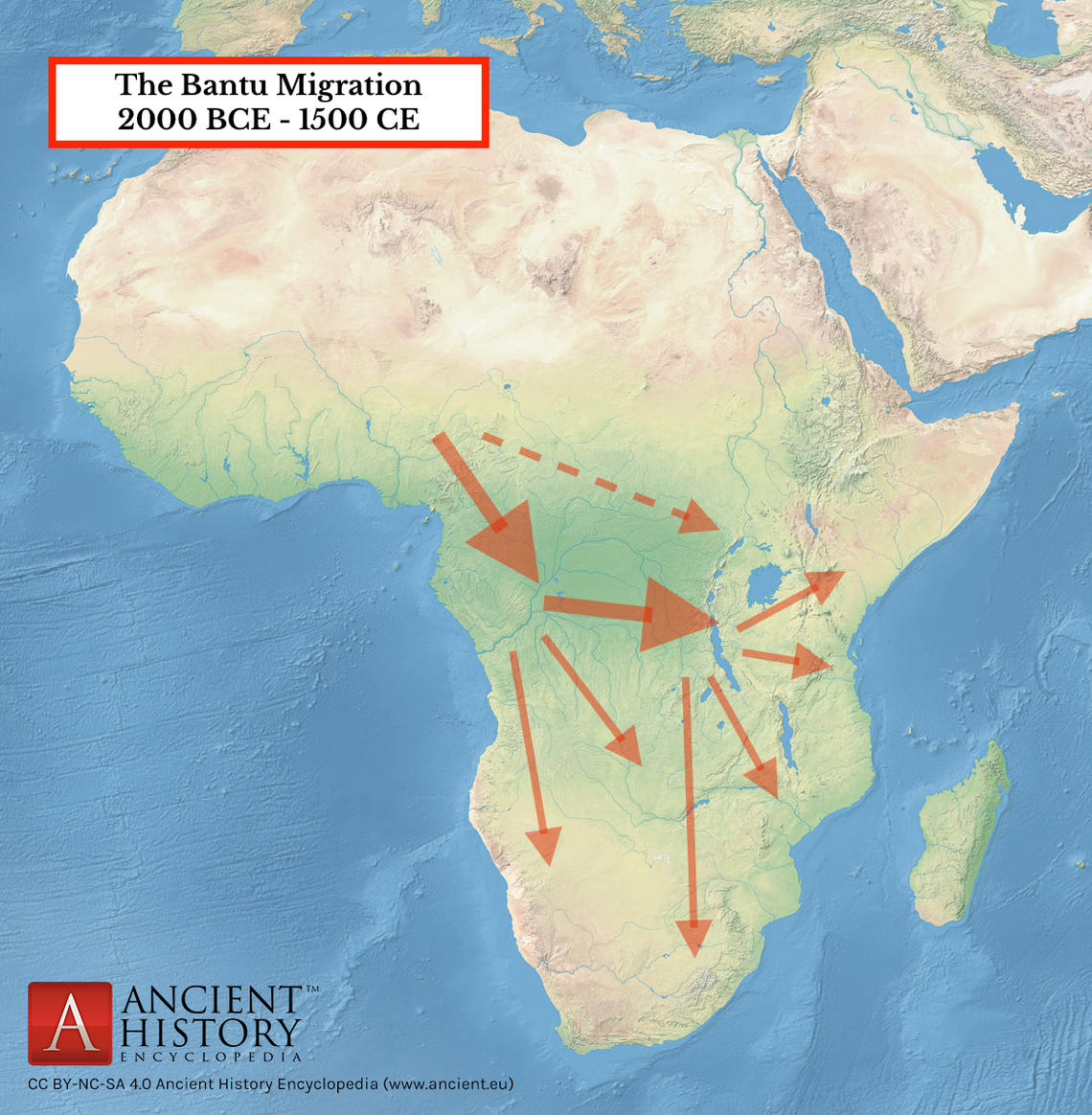 A map of the African continent with arrows referencing the migration of Bantu peoples and languages.