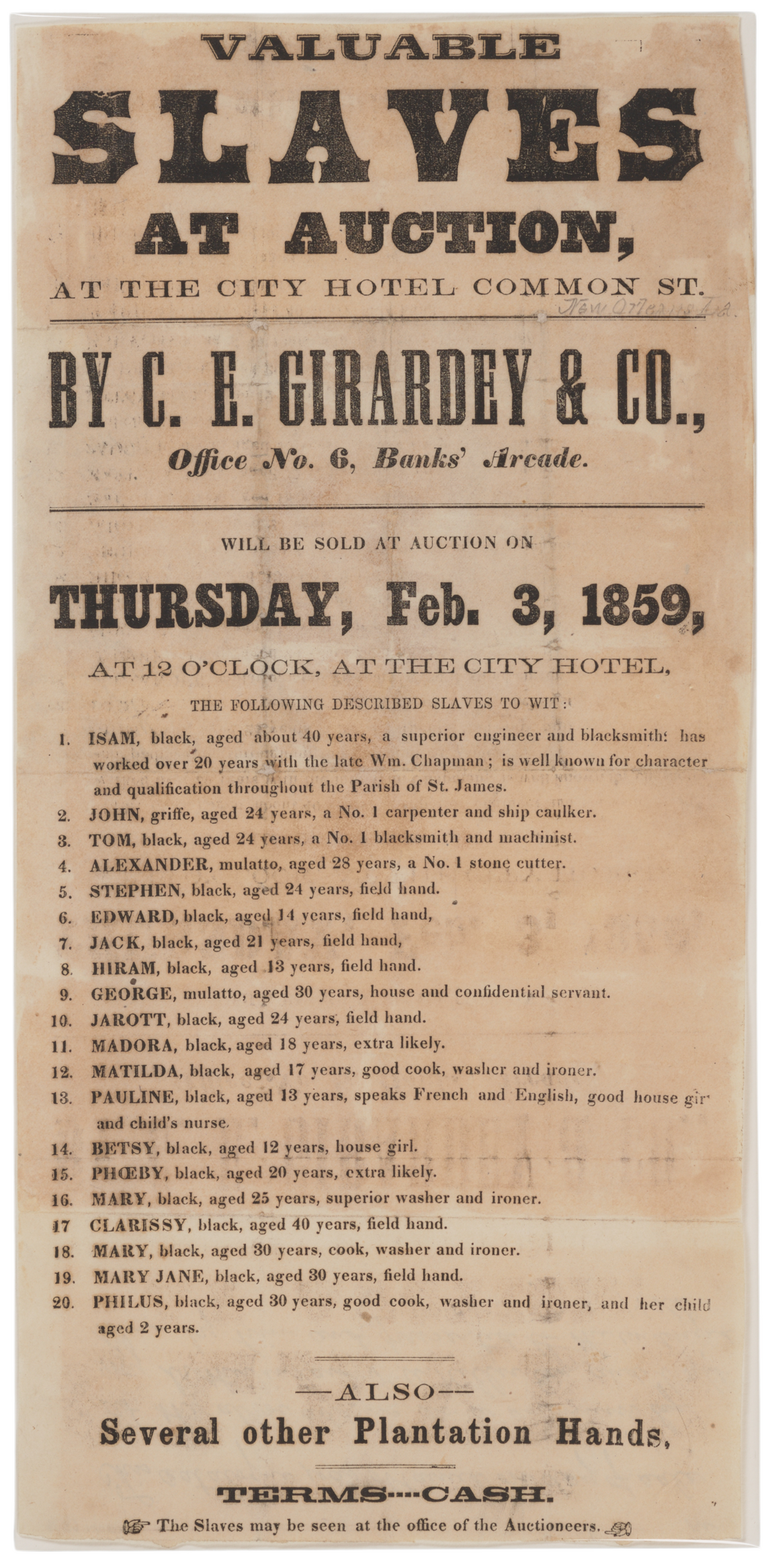 A broadside announcing "Valuable Slaves at Auction" in large type, with a list of enslaved people, their ages, and primary forms of enslaved labor below.