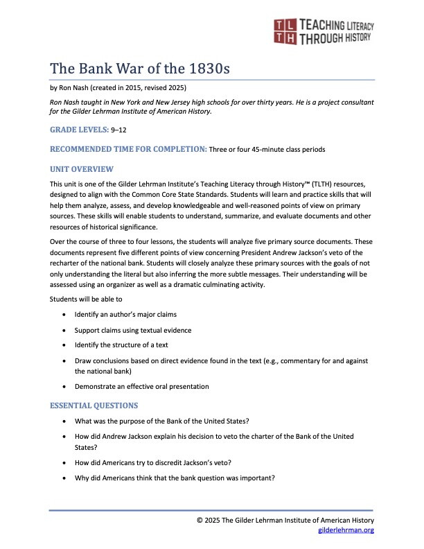 Bank War of the 1830s cover text