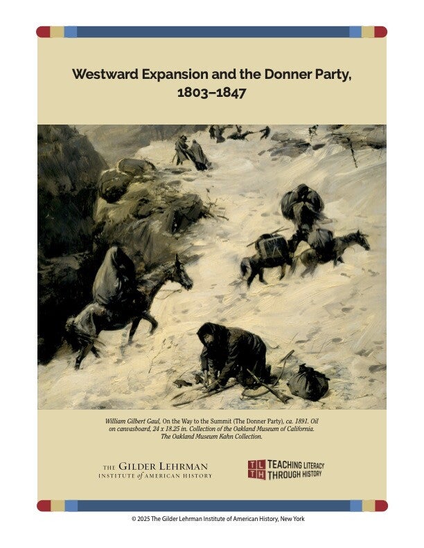 Cover of Donner Party lesson plan featuring a painting of members of the Donner Party climbing up a snowy mountain