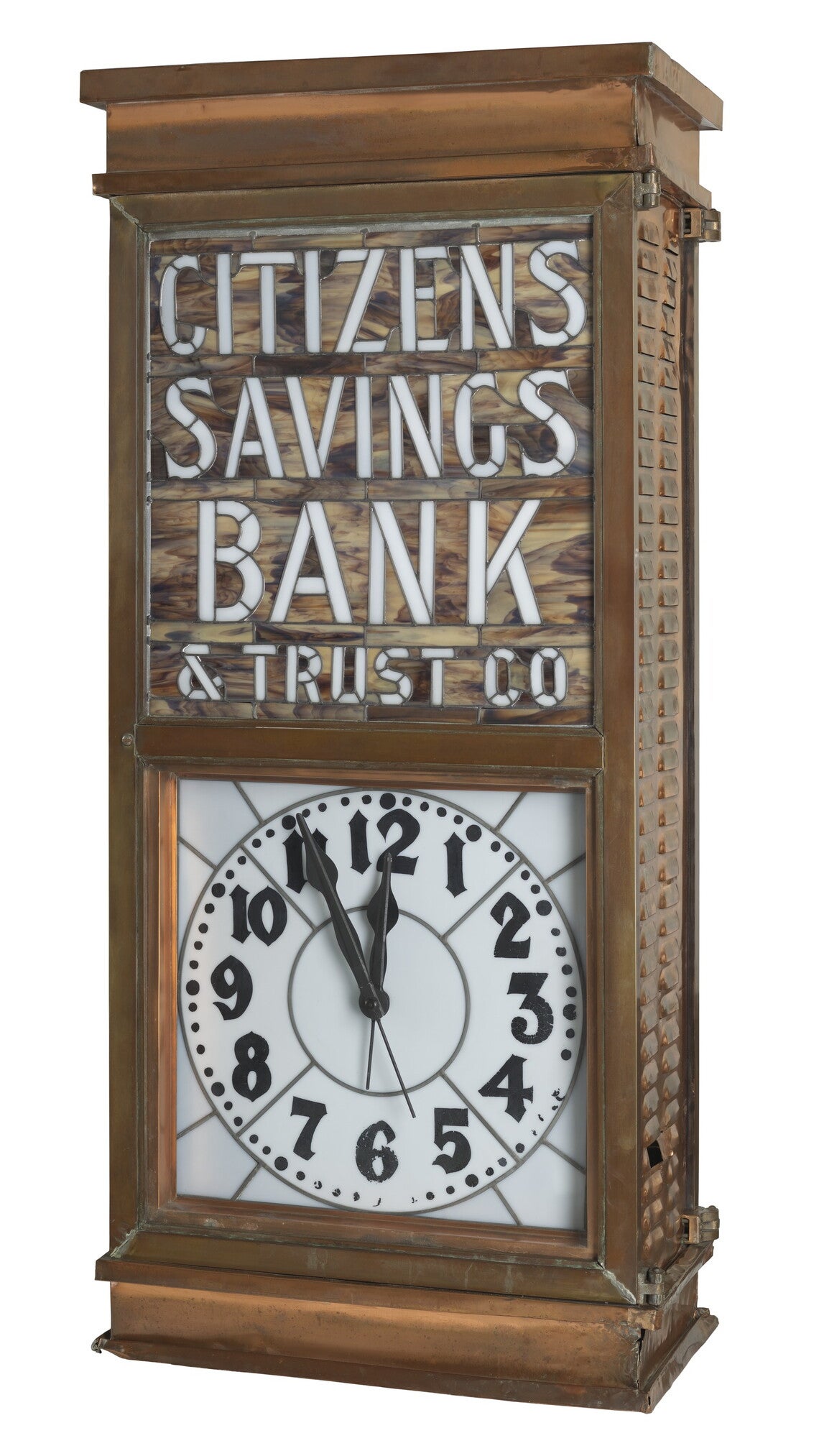 A large rectangular clock and stained glass sign that reads “CITIZENS / SAVINGS / BANK / & TRUST CO.”