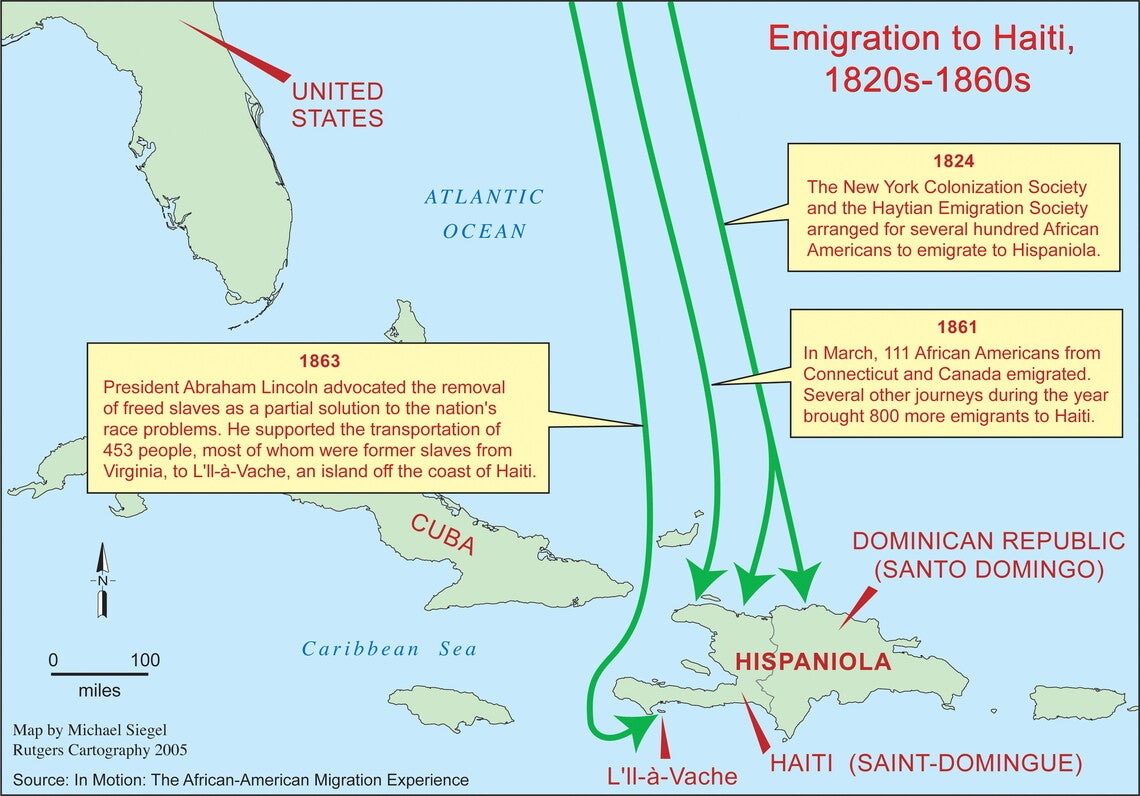 Map of the Caribbean, focused on Haiti, with arrows noting migratory trends.