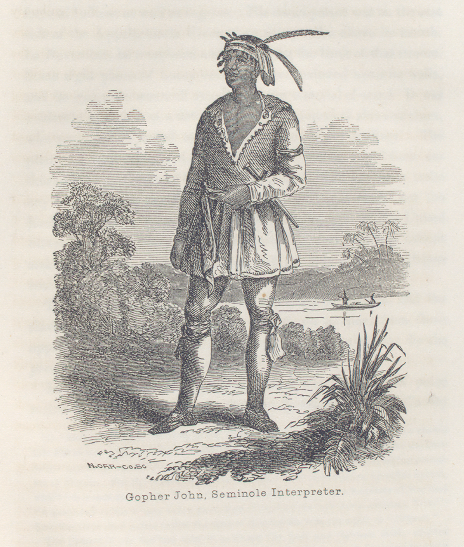 An engraving of a Black man identified as "Gopher John." wearing a feathered headdress and tunic. standing on a riverbank as two people paddle a canoe in the background