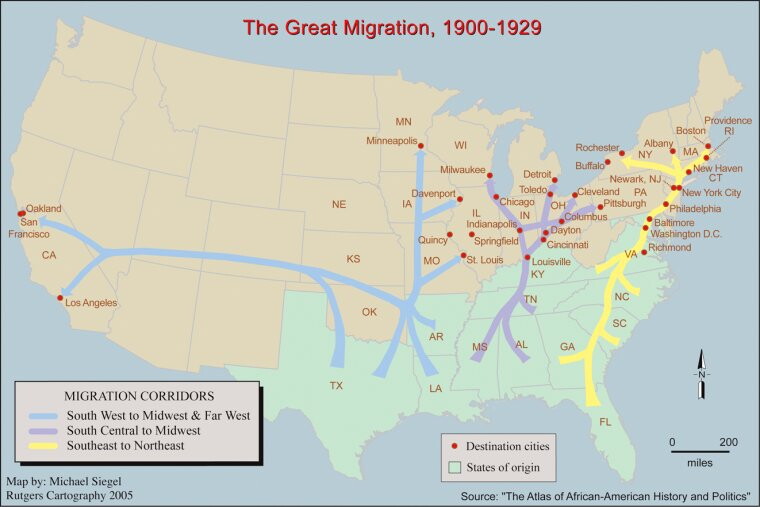 Map of the United States with arrows noting migration corridors from the South to the Northeast, Midwest, and West.