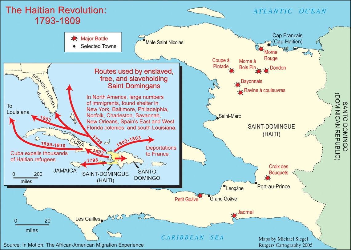 Map of Haiti with key battles and other selected towns noted. Inset map of the Caribbean of routes for emigration from Haiti before, during, and after the revolution.