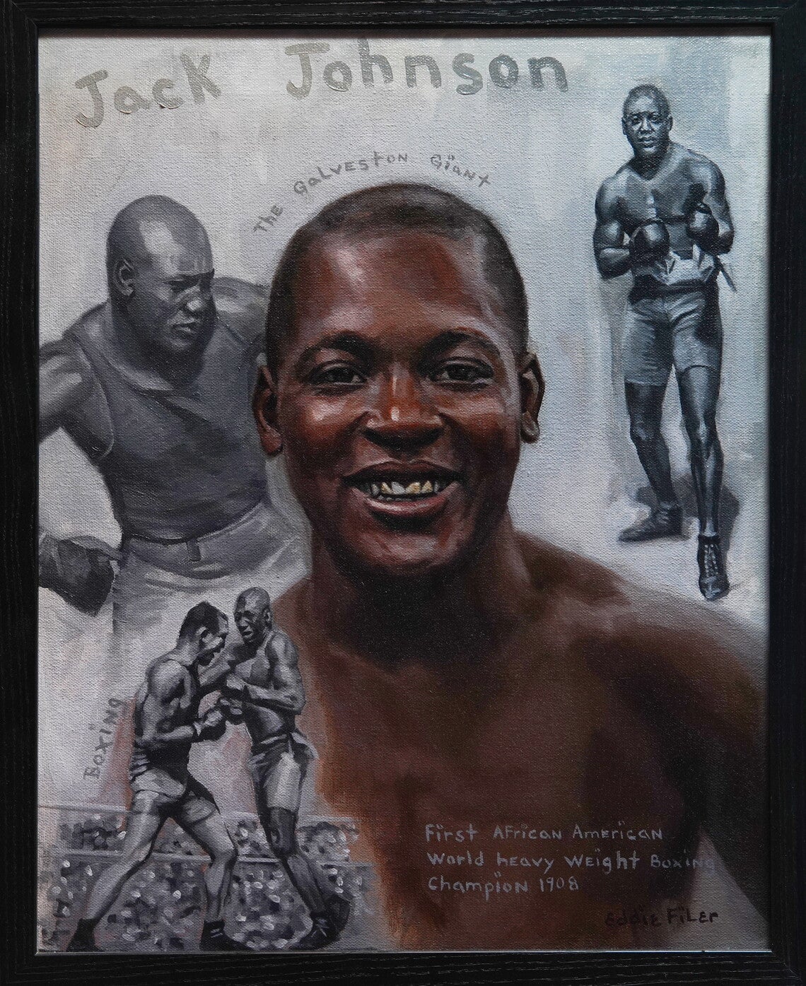 Color portrait of Jack Johnson smiling, with other grayscale "action shots" of Johnson boxing surrounding him.