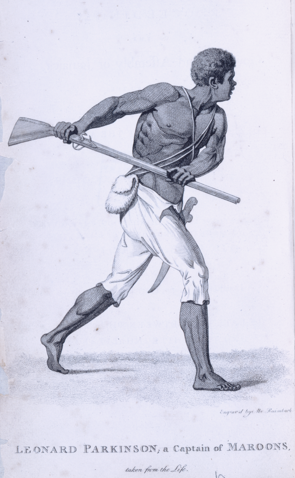 A shirtless and shoeless Black man wearing white pants and a sword along his right leg while brandishing a rifle with both hands and identified as "Leonard Parkinson, a Captain of the Maroons."