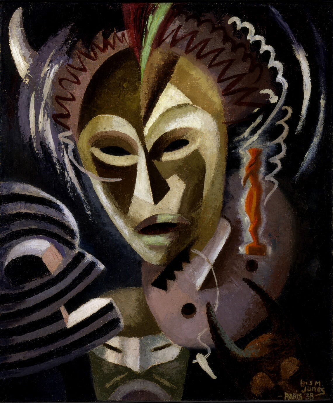 A dark abstract painting of a mask with horns
