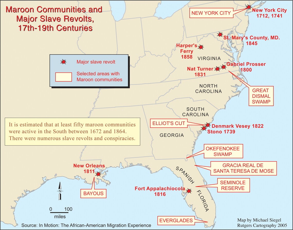 Map of the East Coast of the United States featuring major maroon communities and slave revolts.