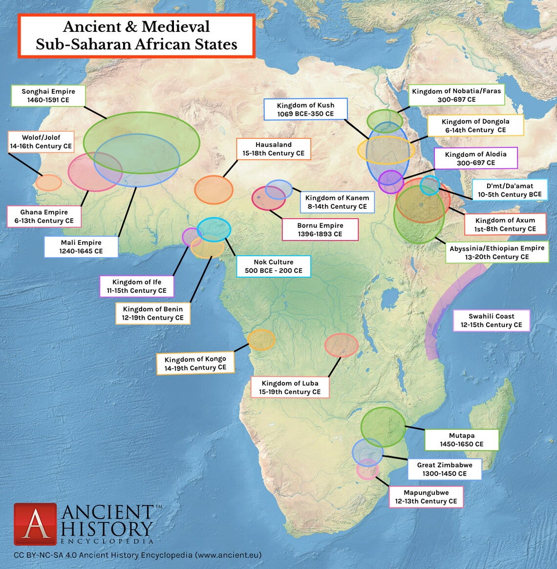 Map of the African continent, with colored ovals recognizing approximate geographic locations and periods of kingdoms and empires.