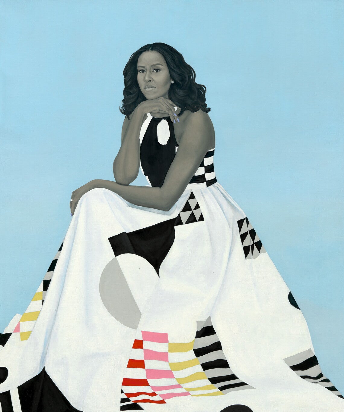 An oil painting of Michelle Obama, seated, wearing a long white dress with patches of colored stripes and triangles, against light-blue background. Her left hand rests on her knee, her right elbow rests on her left wrist, and her chin rests on her upraised right hand.