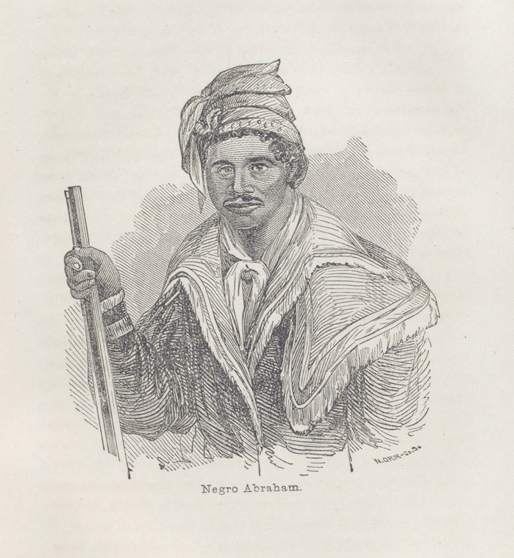 A stipple portrait of a mustachioed man identified as "Negro Abraham" wearing a fringed coat and turban, holding a staff in his right hand