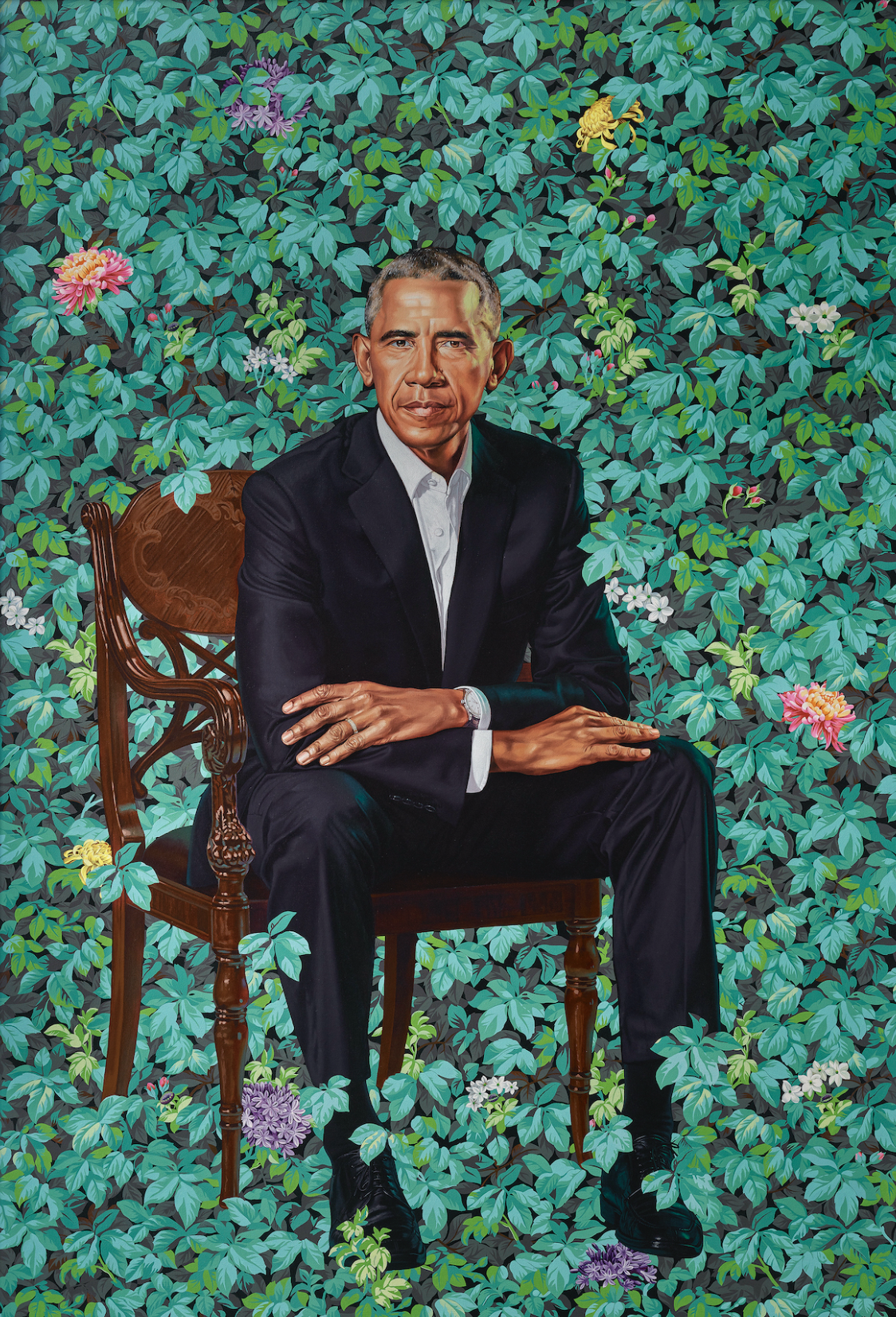 An oil painting of Barack Obama, a Black man wearing a black suit and white collared shirt, sitting in a brown wooden chair, surrounded by leaves and flowers of different varieties