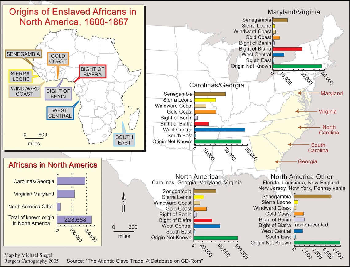 Map of the east coast of the United States (with an inset of the map of Africa) with bar charts.