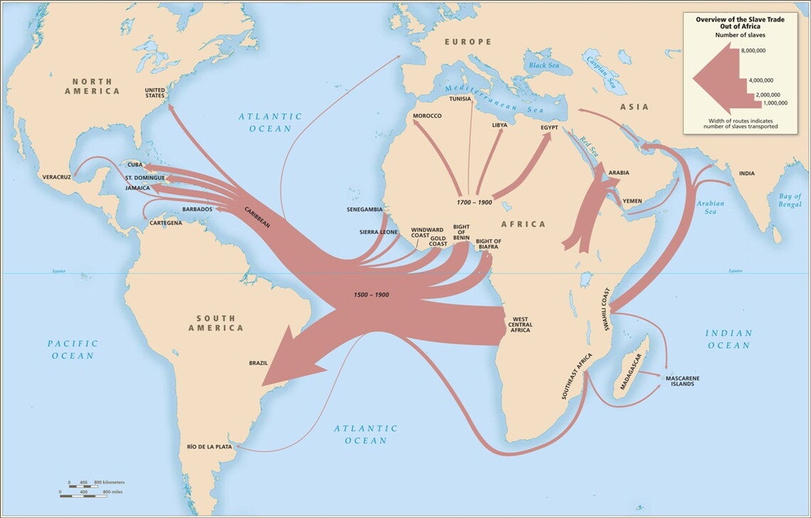 A map of the world, with arrows indicating movement of enslaved people out of Africa, with varying thickness for the number of enslaved people arriving at that location.