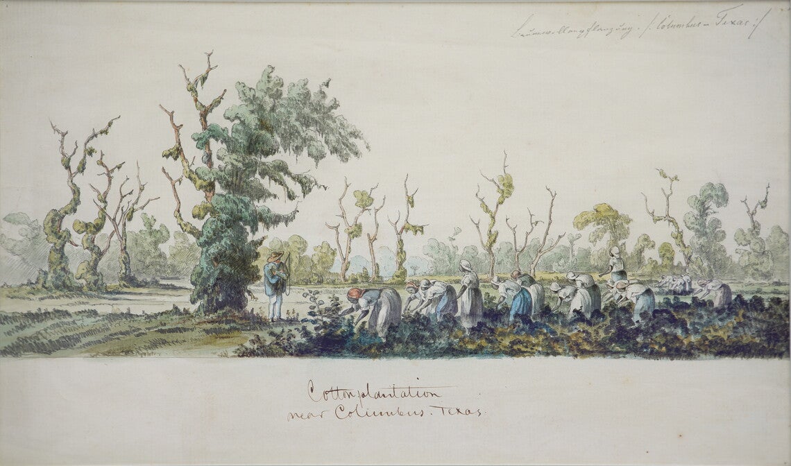 Watercolor showing enslaved people picking cotton with an overseer nearby.