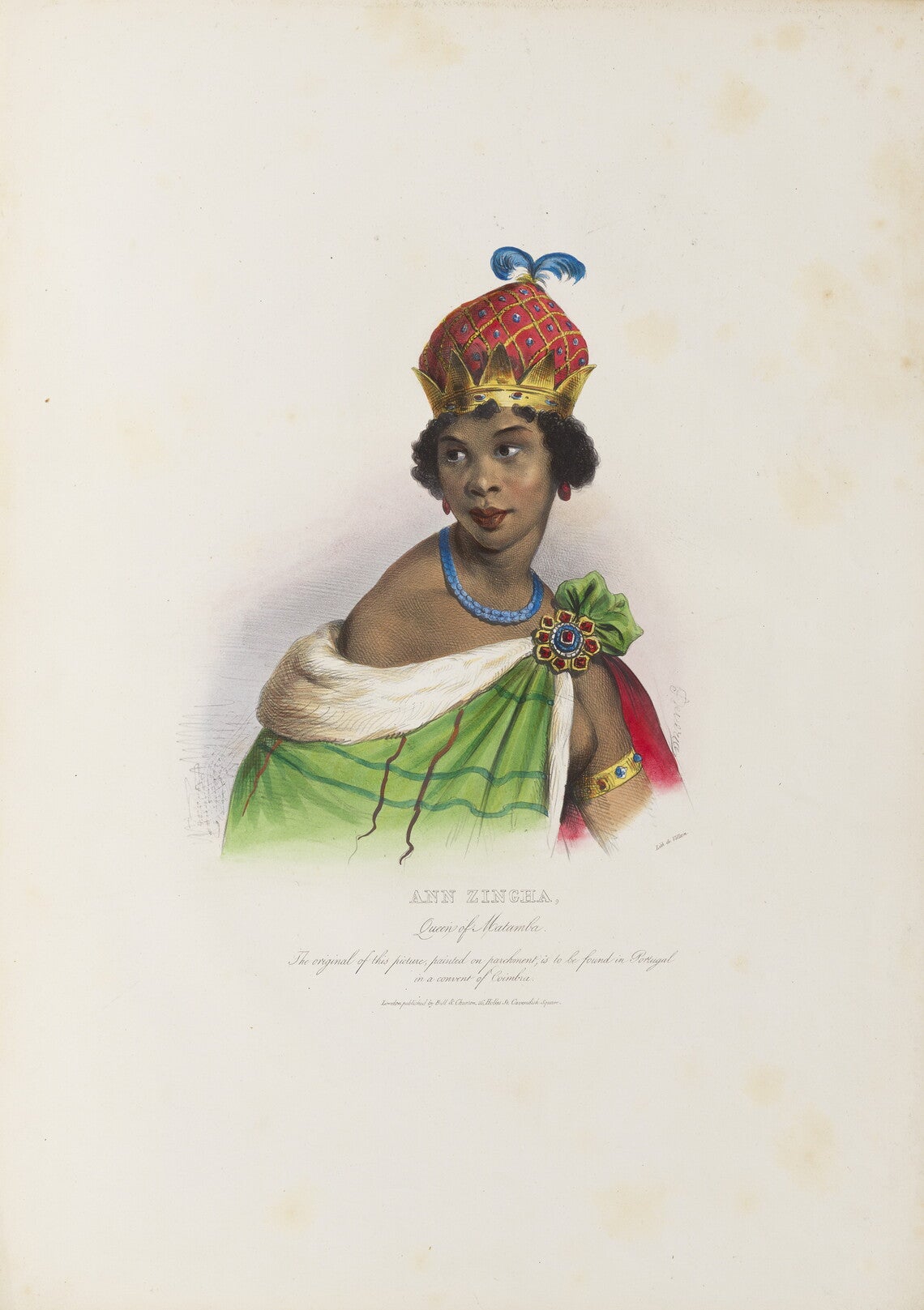 A Black woman wearing a gold, red, and blue crown, blue necklace, and a green checked royal robe.