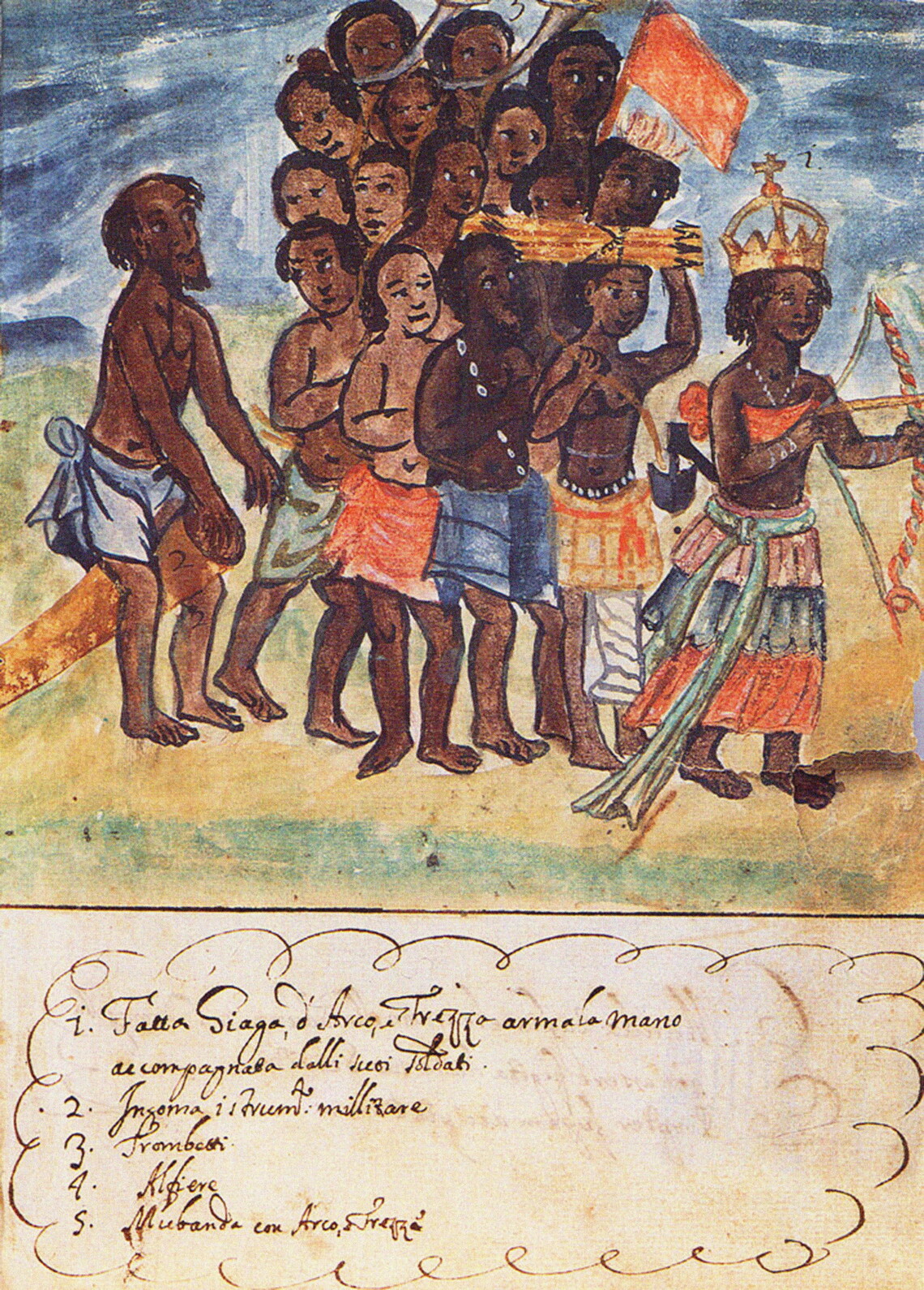 Queen Nzinga, at right, wearing a gold crown, pink bandeau, pink, blue, and red skirt, and holding a multicolored bow and arrow, followed by an entourage of shirtless men and women.