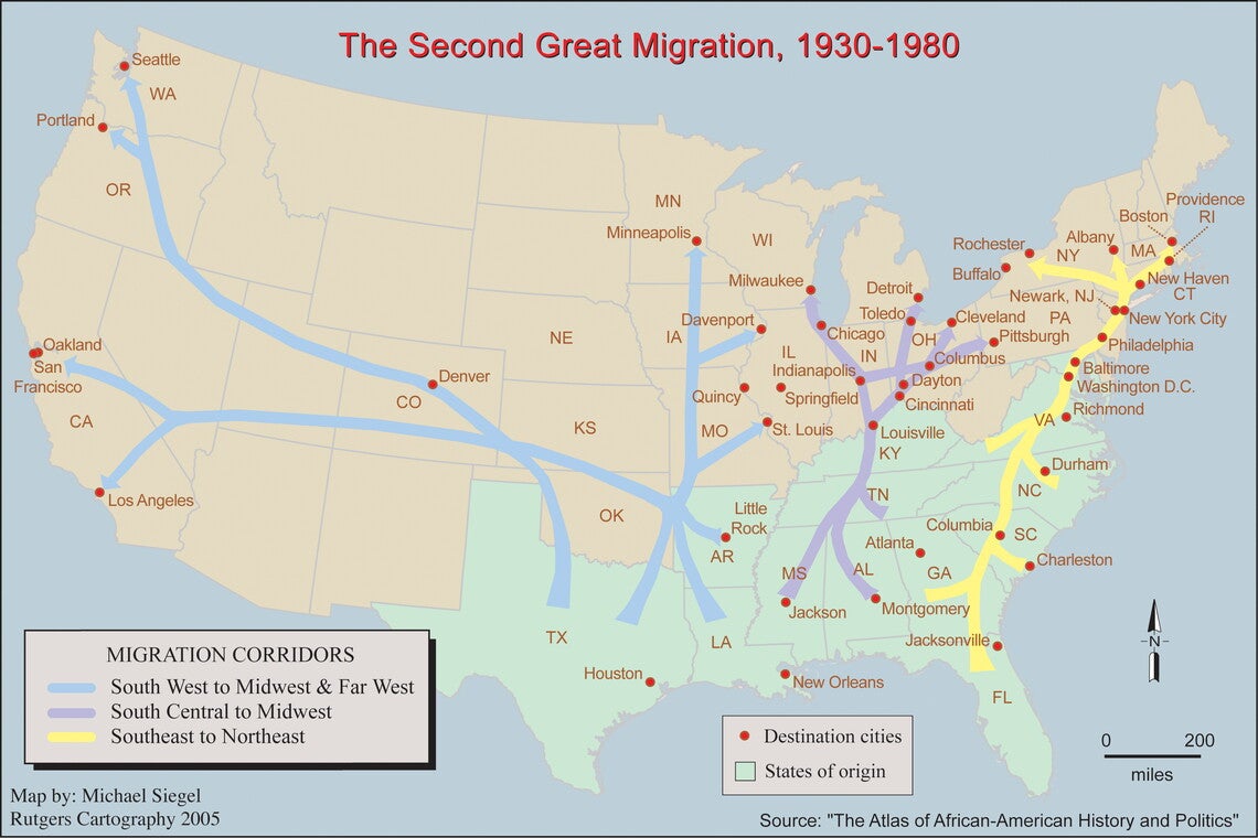Map of the United States with arrows noting migration corridors from South to North and West.