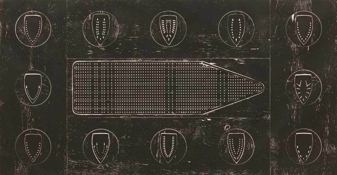 Woodblock of ironing boards that resemble slave ships.