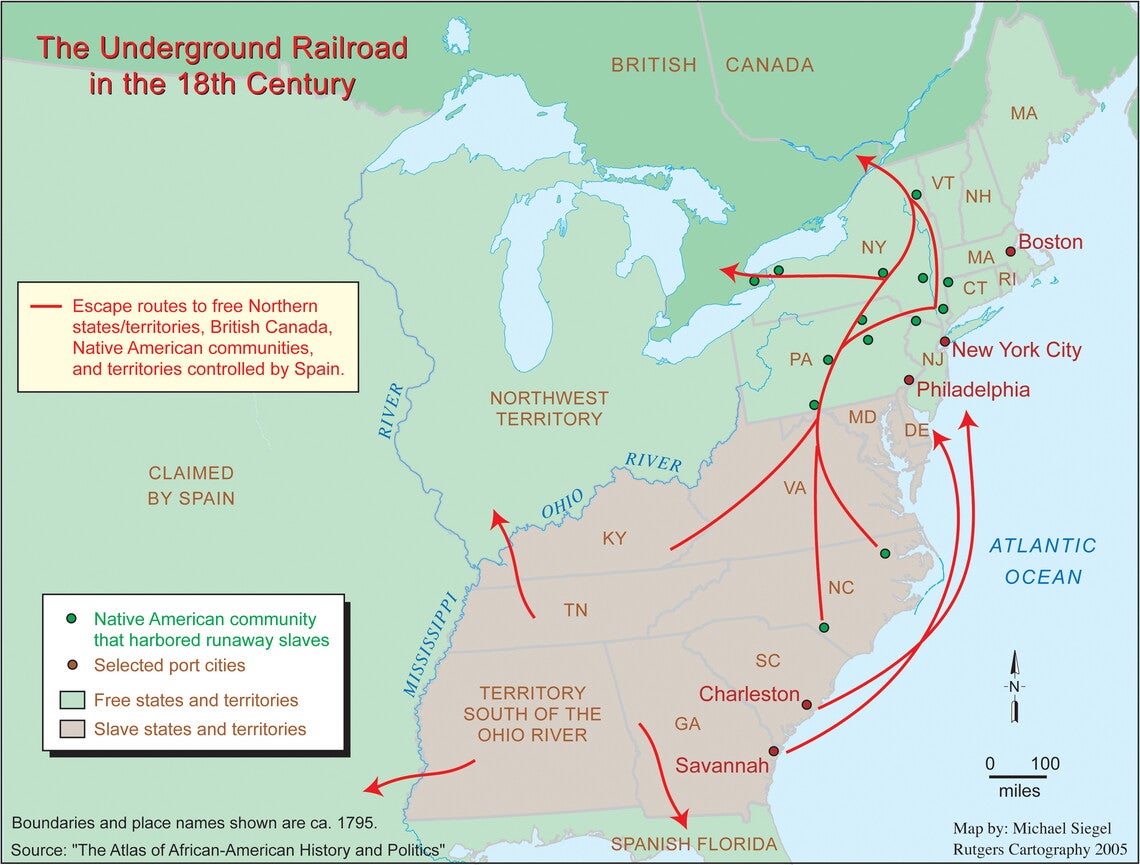 Map of North America with routes on the Underground Railroad.