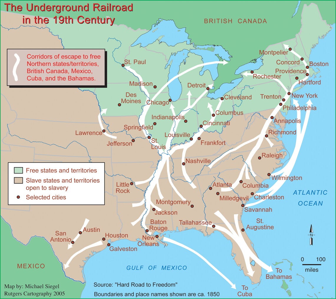 Map of North America with routes on the Underground Railroad.