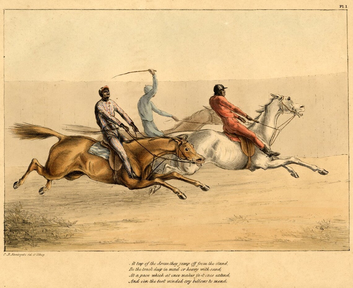 A color print of a horse race showing three horses with Black jockeys. In the lead is a white horse jockeyed by a rider in red with a black hat; in second is a brown horse jockeyed by a rider in a powder blue outfit and hat, raising a whip or crop; and in third is a brown horse jockeyed by a rider in a red-pinstriped, white outfit and hat.