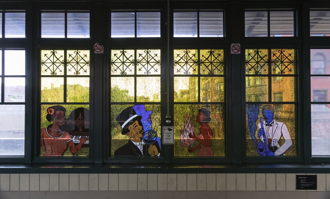 copacetic: A four-part colorful glass mosaic: at far left, a Black woman wearing a pink dress with white trim and a flower in her hair playing the piano; near left, a Black man wearing a black suit, white shirt and bow-tie, and black top hat with white hat band, singing into a microphone; at near right, a Black woman in a pink dress with flames coming out of her right hand; and at far right, a blue-skinned man with blond hair wearing a white jacket and shirt with a black bowtie and red cummerbund playing a