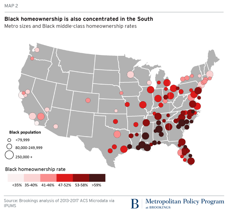 A map of the contiguous United States with circles of different sizes for Black population in metropolitan areas, colored in shades of red based on Black homeownership rates.