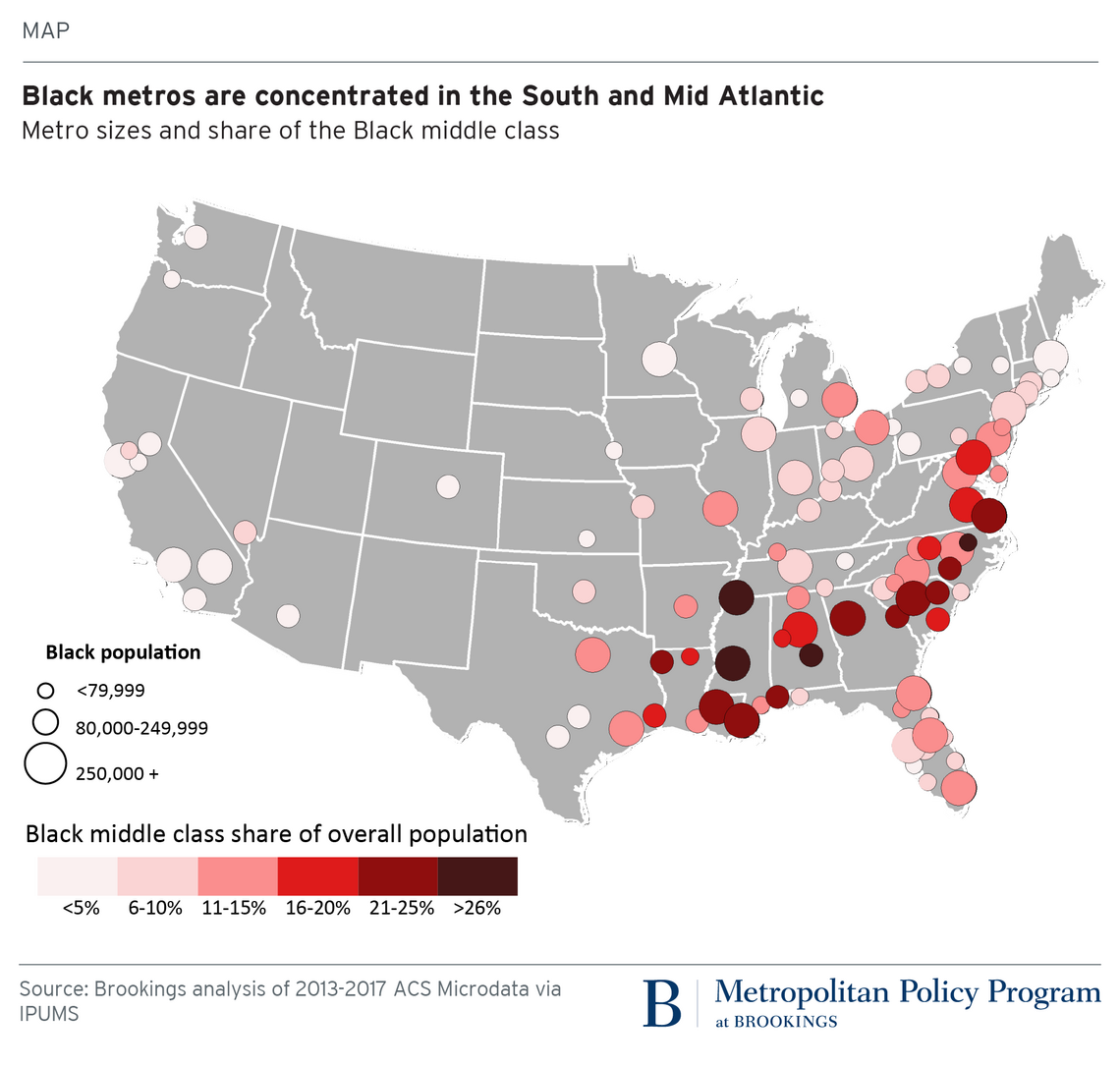 A map of the contiguous United States with circles of different sizes for Black population in metropolitan areas, colored in shades of red based on Black middle class percentage of the overall population.