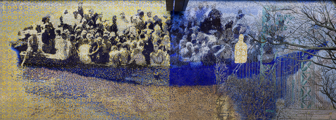A large tile mosaic mural of people in a boat in shades of yellow, blue, black, and white