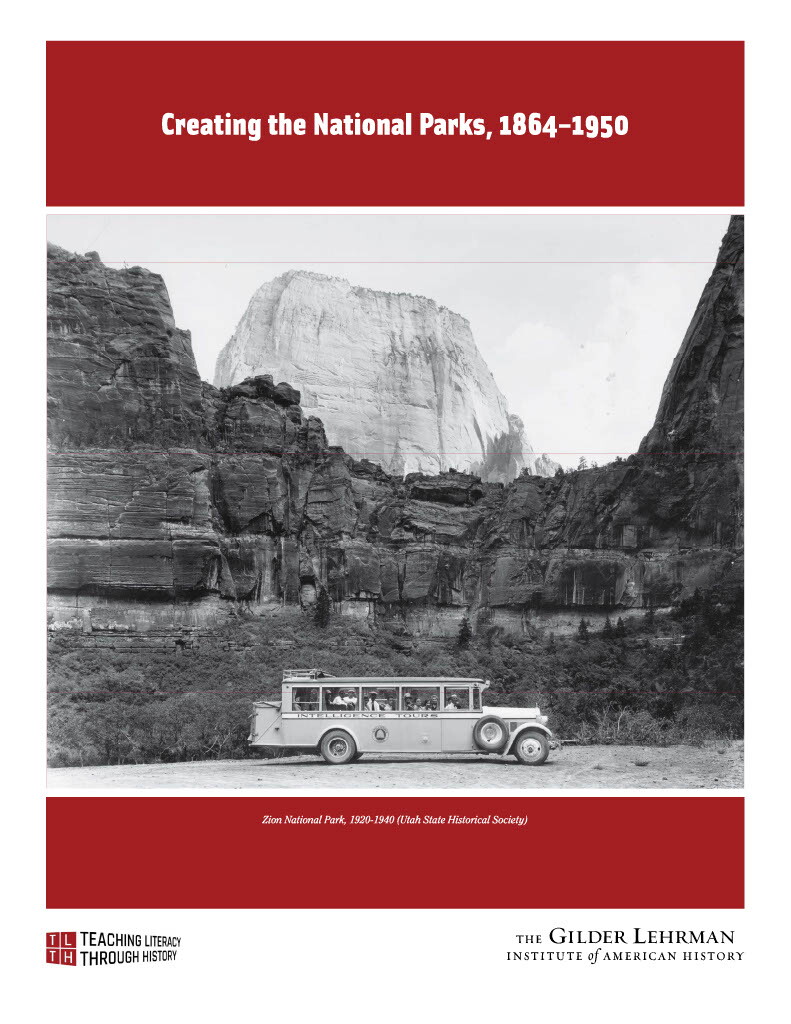 Cover of lesson unit, featuring photo of a tour bus parked in front of rock formation at Zion National Park sometime between 1920-1940 