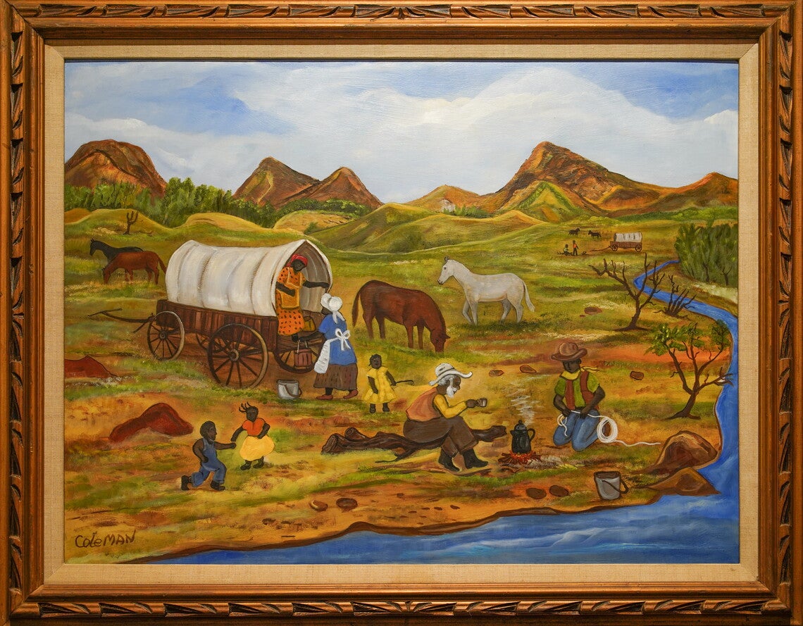 Two African American pioneer families in foreground with two children playing on left, two women and a small child near a covered wagon at center and two men drinking coffee around a campfire by a stream.