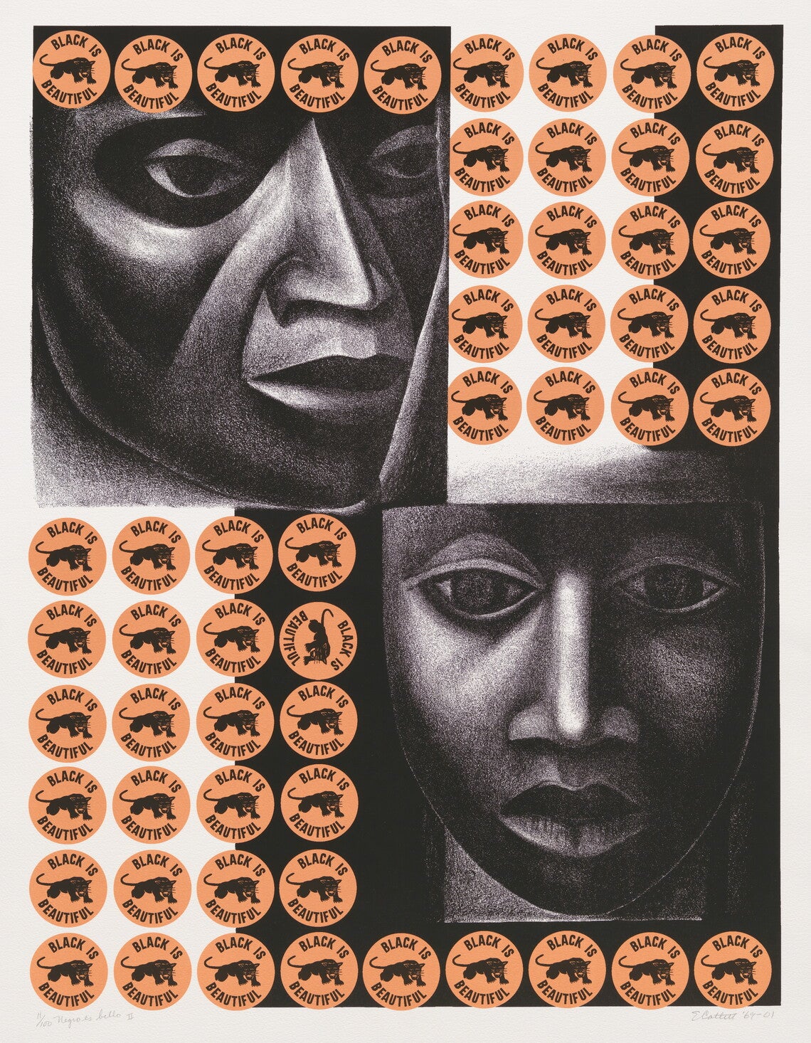 A lithographic print juxtaposing two black faces stylized as African masks framed by yellow circular emblems with a black panther in the center. The words [BLACK IS / BEAUTIFUL] are inscribed around each panther. The print appears in quadrants, with one face in three-quarter view in the top left and the other face appearing straight on in the lower left. The panther emblems appear in a grid in the top right and bottom left quadrants, with the top and bottom rows extending across the full print.