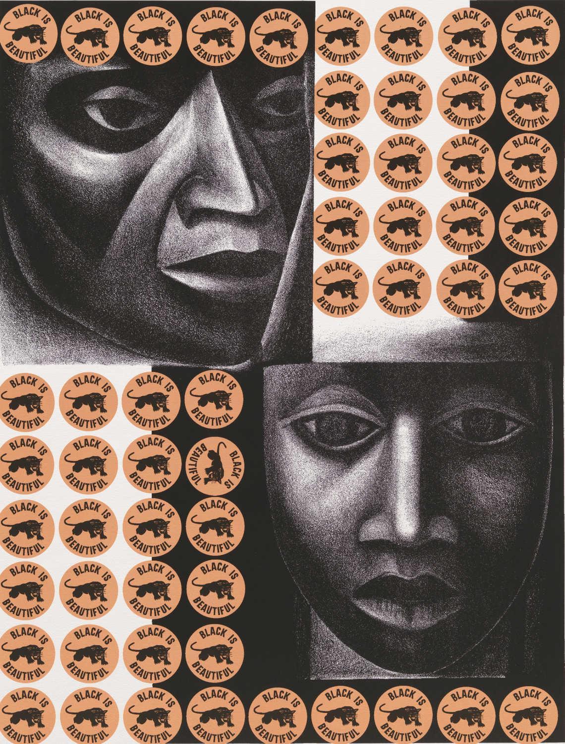 A color lithographic print divided into quarters, juxtaposing two black faces in the upper left and lower right quadrants, stylized as African masks framed by yellow circular emblems with a black panther in the center. The words [BLACK IS / BEAUTIFUL] are inscribed around each panther. In the lower left corner is the print edition and date "11/100 Negro es bello II." Below the print in the lower right corner is the artist's signature and date in pencil "E Catlett '69-01."