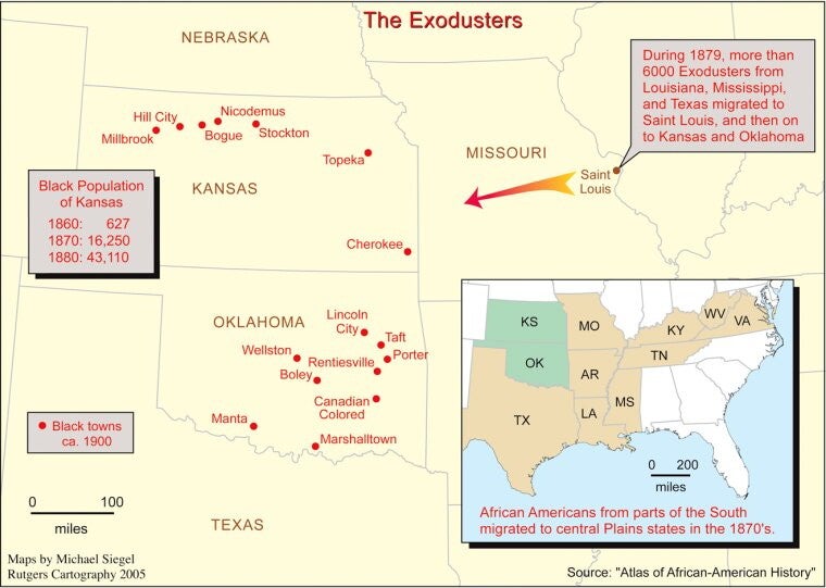 Map of Kansas, Missouri, and Oklahoma with towns pointed out.