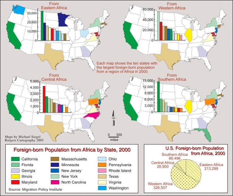 Four maps of the United States, each with bar charts noting foreign-born population from different regions of Africa