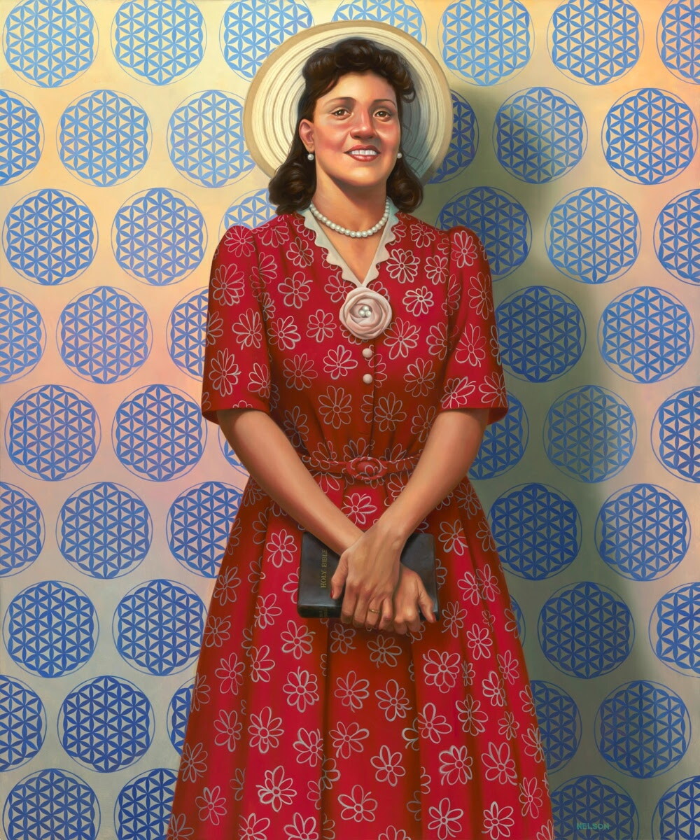 Oil painting of Henrietta Lacks, a Black woman. She is smiling facing forward with her hands clasped in front of her body, holding a black book with gold-colored text [HOLY BIBLE]. Lacks is wearing a red dress with a white flower pattern and small belt. The dress has central buttons, with two (2) missing. There is a flower accessory with three (3) pearls in the center above the buttons. Lacks is wearing a wedding ring and a pearl necklaces and earrings. She has a cream and tan hat, the circular brim of whic