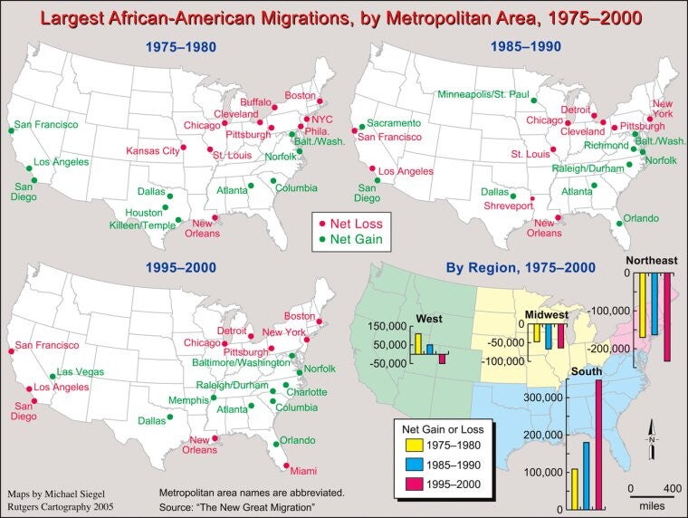 Four maps of the United States with net loss or gain in African American population by city or region.