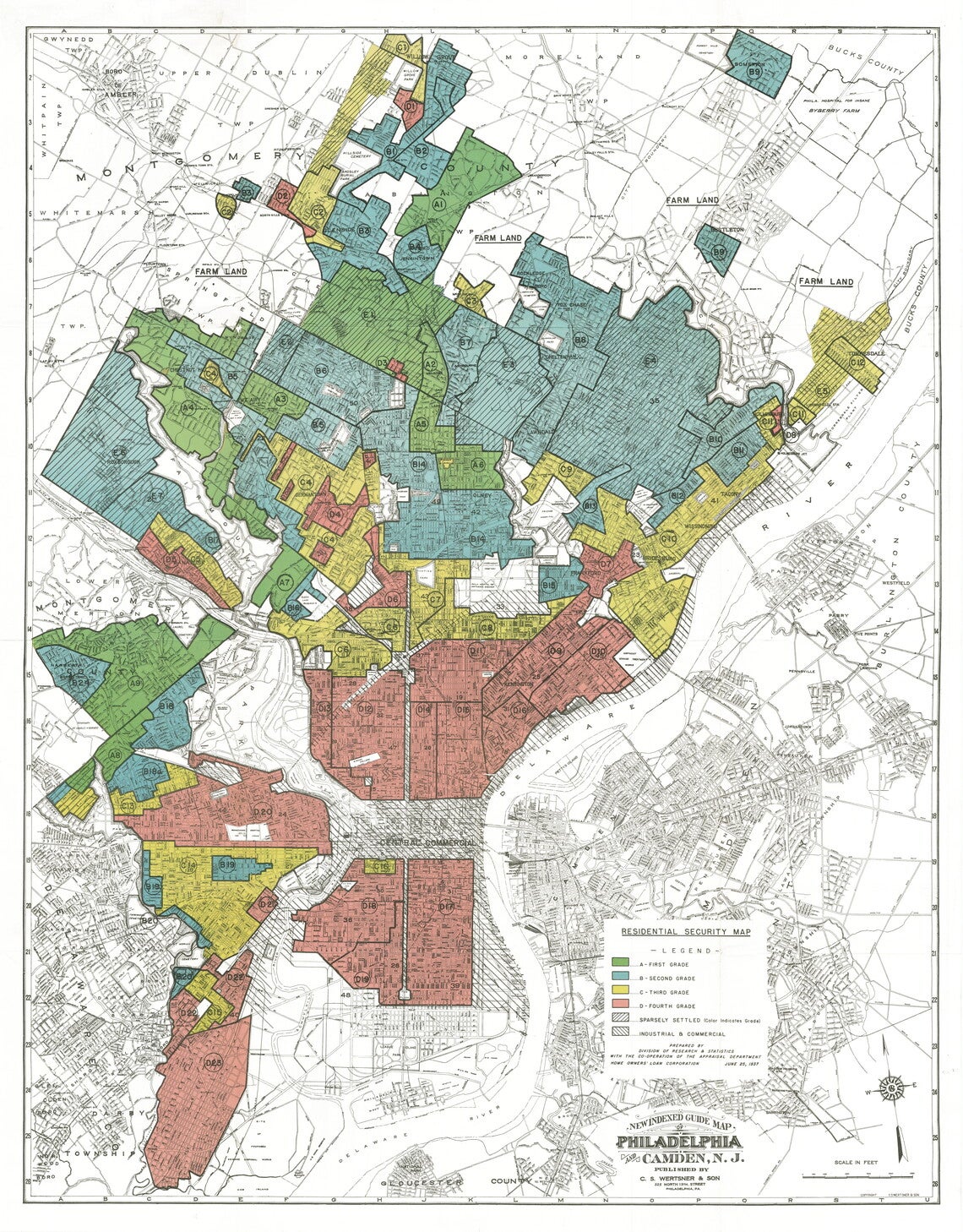 A map of Philadelphia, PA, and Camden, NJ, color-coded in green, blue, yellow, and red.