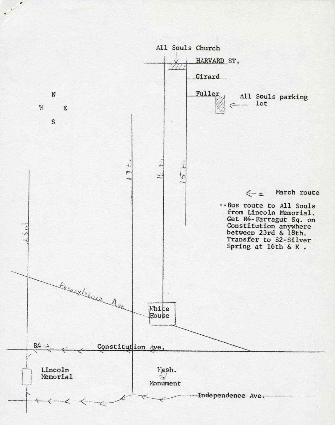 A partially typed, partially hand-drawn map from All Souls Church toward the Reflecting Pool and the Lincoln Memorial for the March on Washington.