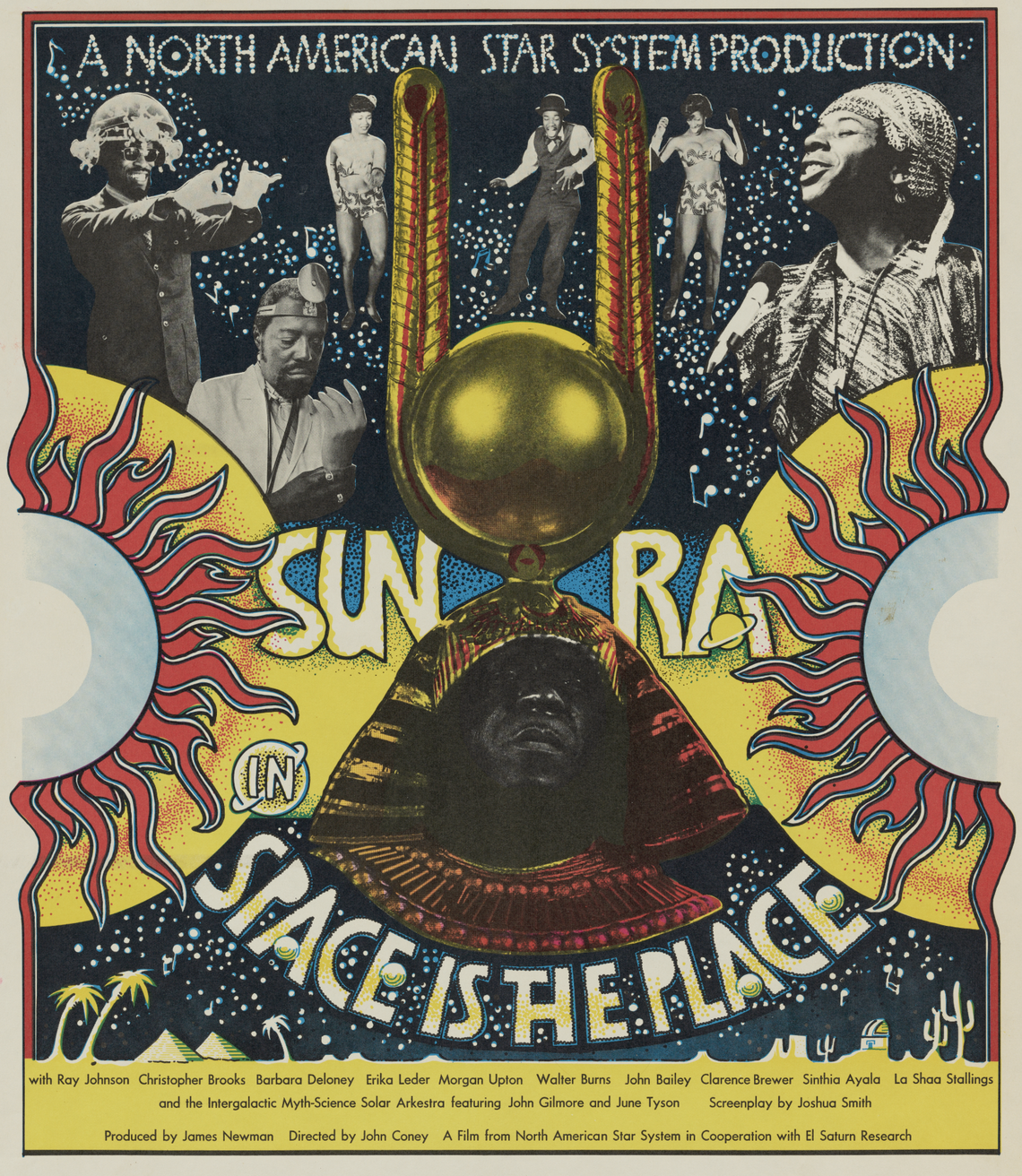 A color lithograph poster for the musical film Space is the Place featuring Sun Ra and the Arkestra. Sun Ra is depicted in the center of the poster wearing a headdress and collar resembling that of an Egyptian pharaoh. The headdress is topped by a large golden orb with long extensions on either side. On either side of Ra is a yellow and red flaming sun. Above and below him are the words [SUN RA / IN / SPACE IS THE PLACE] small planets are scattered among the lettering. At the top of the poster in dotted whi